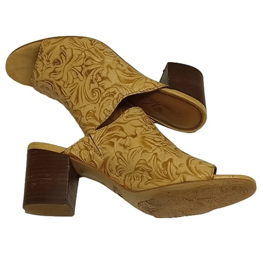 PATRICIA NASH TAN LEATHER OPEN TOE MULE HEEL SHOES WITH TOOLED FLORAL DE… - Picture 9 of 15